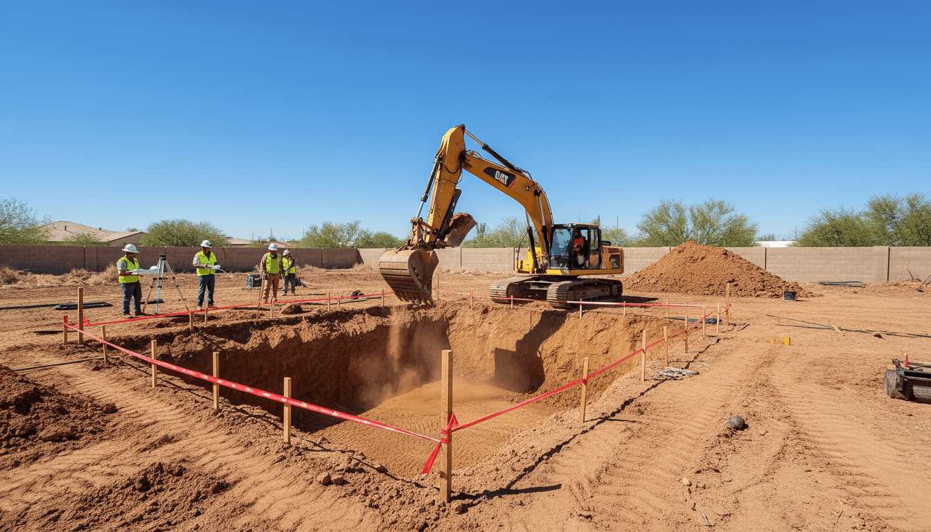 Pool excavation in progress with heavy machinery