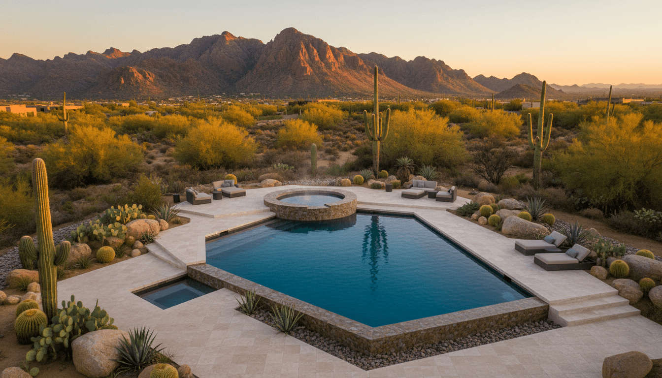 Luxury custom pool in Arizona desert landscape at sunset