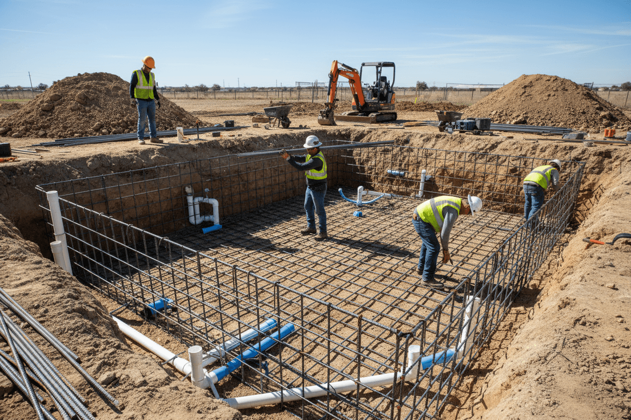 Pool structural construction with rebar installation
