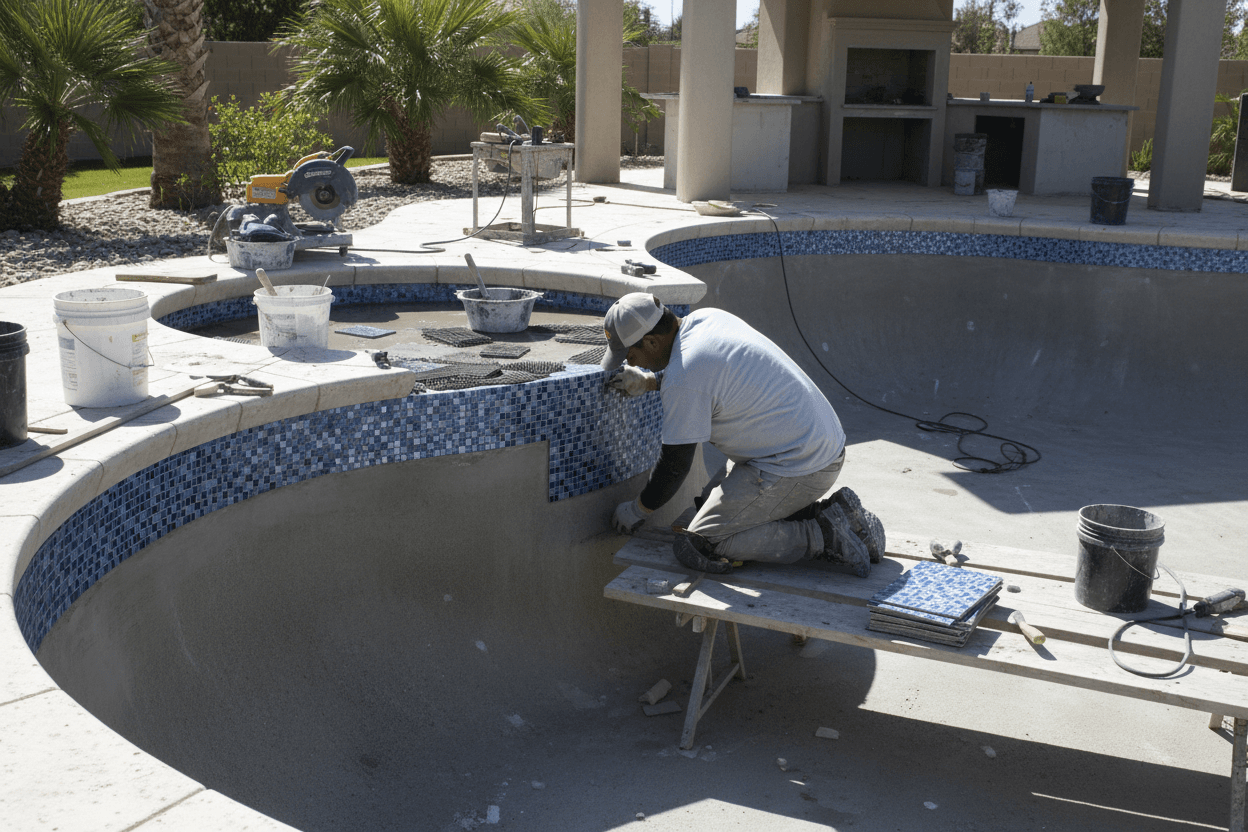 Pool tile installation finishing phase