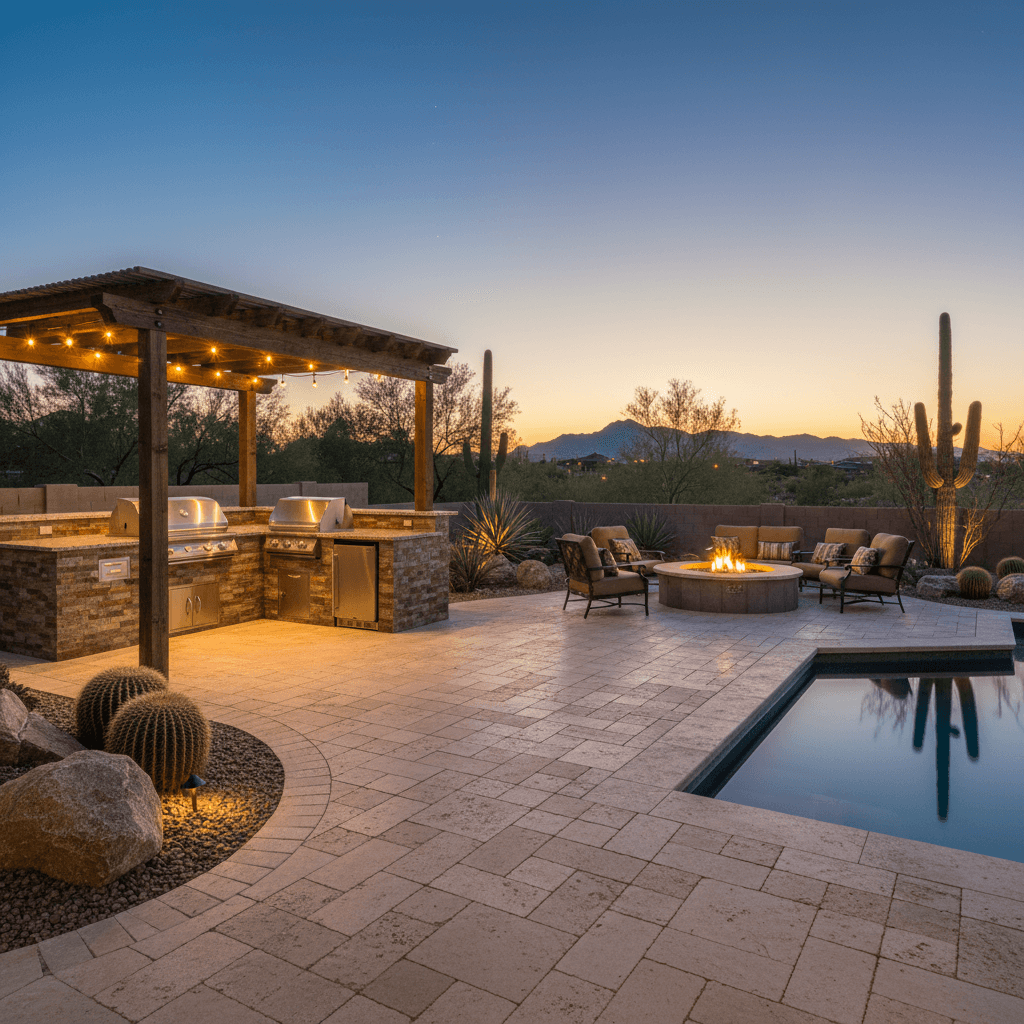 Custom hardscape outdoor living space with BBQ and fire pit