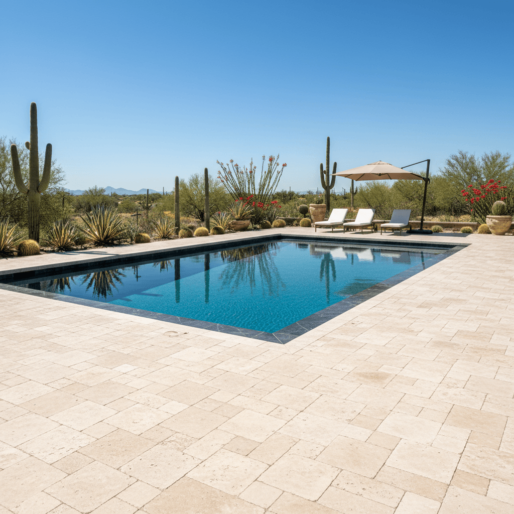 Luxury pool deck with travertine pavers and lounge area
